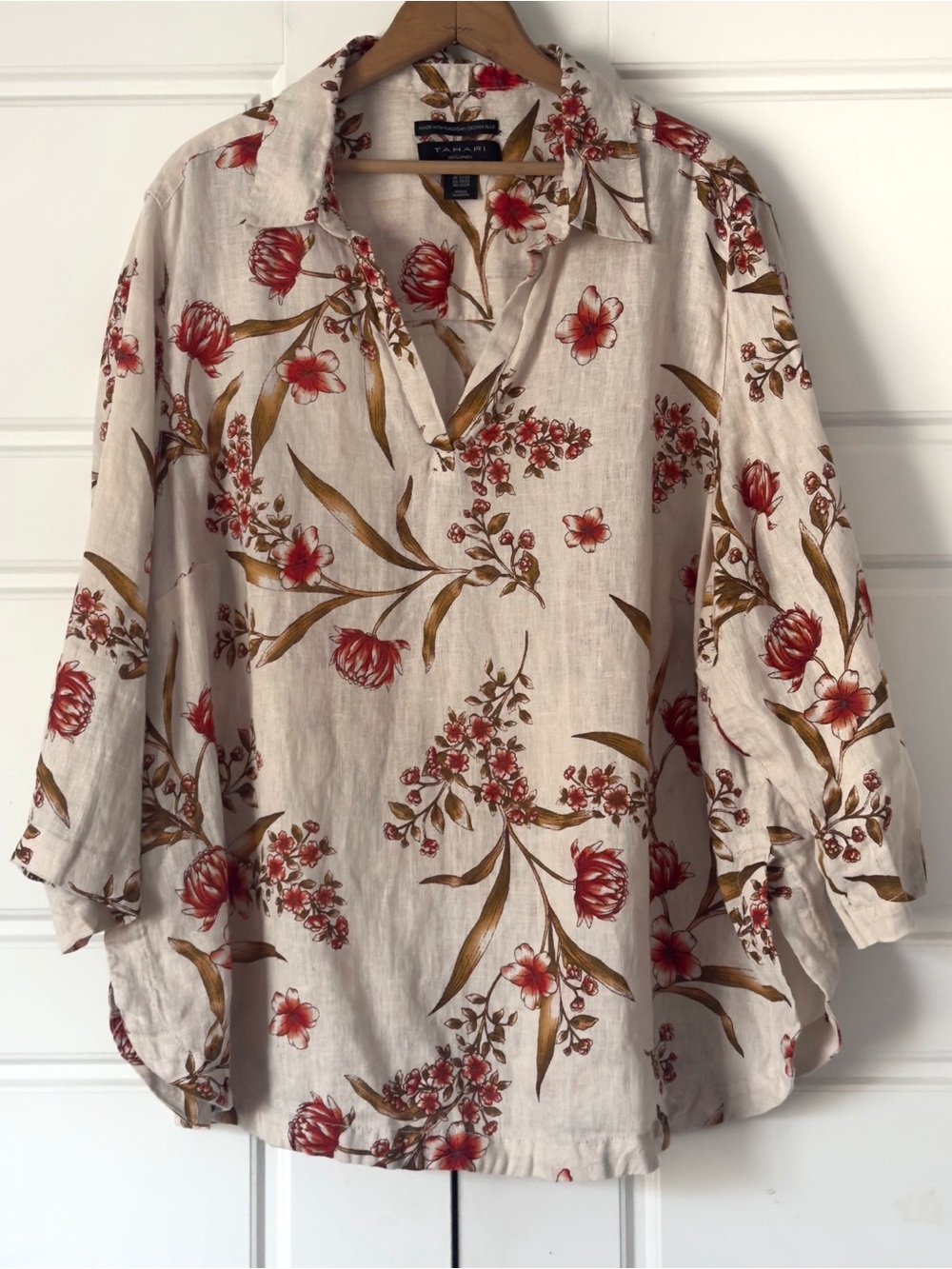 Tahari Floral Linen Top Womens 2X Tan Red Flax Earthy Botanical Collared Relaxed